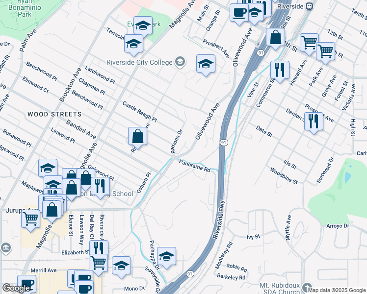 map of restaurants, bars, coffee shops, grocery stores, and more near 3401 Ramona Drive in Riverside