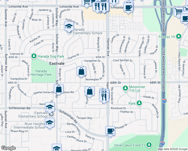 map of restaurants, bars, coffee shops, grocery stores, and more near 6738 Paso Fino Street in Corona