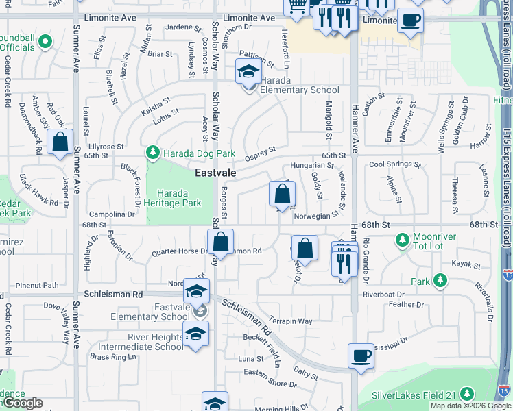 map of restaurants, bars, coffee shops, grocery stores, and more near 6694 Swiss Court in Corona