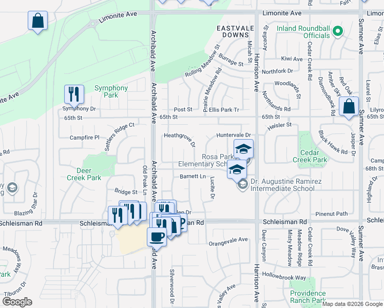 map of restaurants, bars, coffee shops, grocery stores, and more near 6728 Heathgrove Drive in Corona