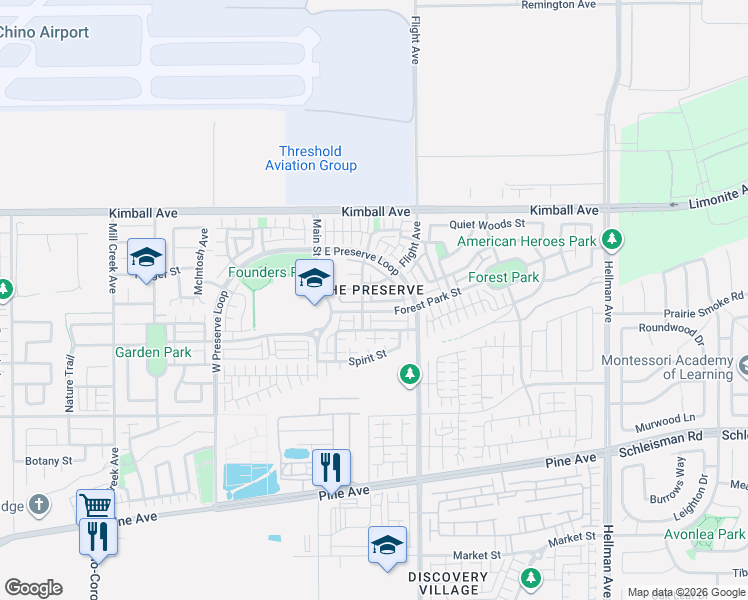 map of restaurants, bars, coffee shops, grocery stores, and more near 8413 Flight Avenue in Chino