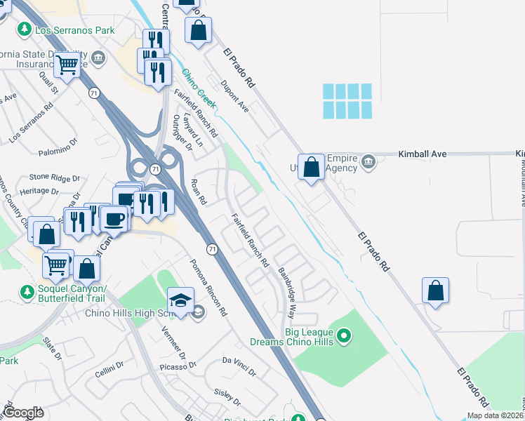 map of restaurants, bars, coffee shops, grocery stores, and more near 5590 Tremaine Way in Chino Hills