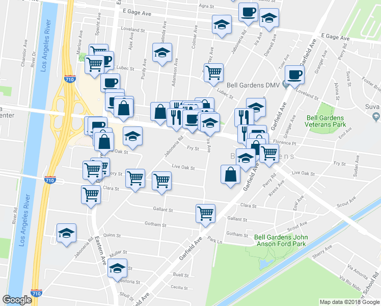 map of restaurants, bars, coffee shops, grocery stores, and more near 6017 Fry Street in Bell Gardens