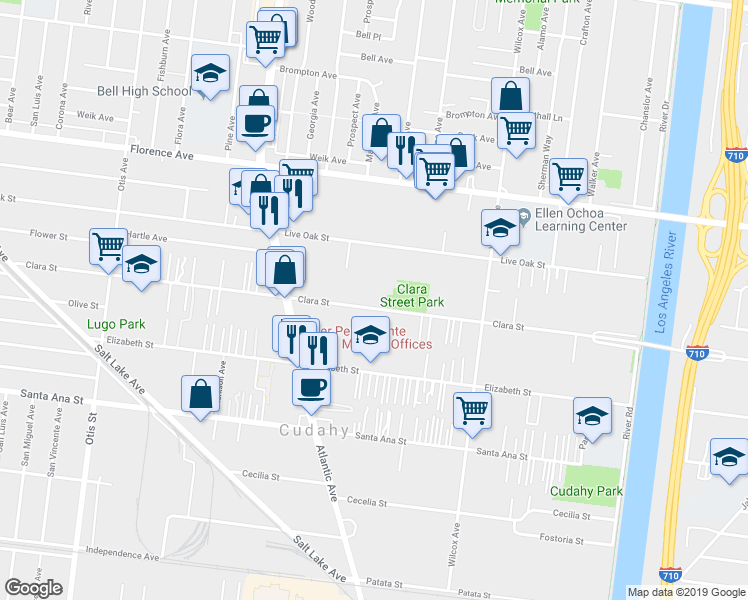 map of restaurants, bars, coffee shops, grocery stores, and more near 4729 Clara Street in Cudahy