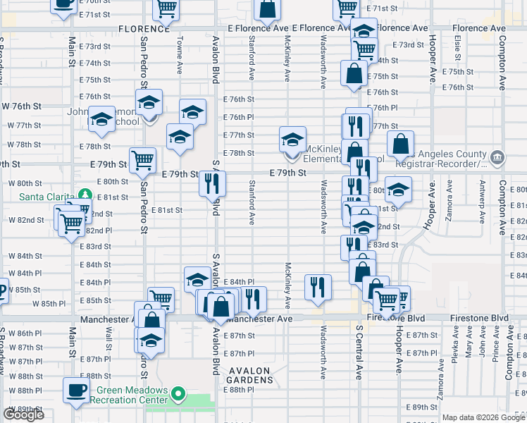 map of restaurants, bars, coffee shops, grocery stores, and more near 8015 Stanford Avenue in Los Angeles