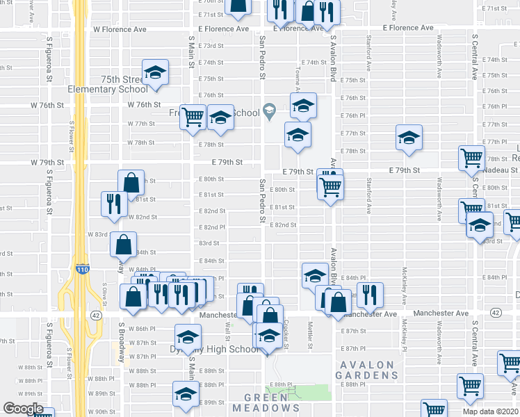 map of restaurants, bars, coffee shops, grocery stores, and more near 8010 San Pedro Street in Los Angeles