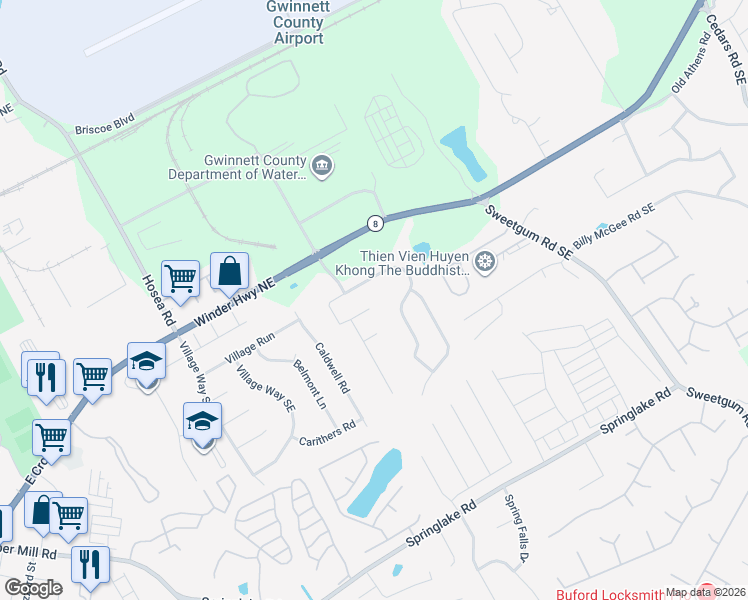 map of restaurants, bars, coffee shops, grocery stores, and more near 445 Amelia Grove Lane Southeast in Lawrenceville