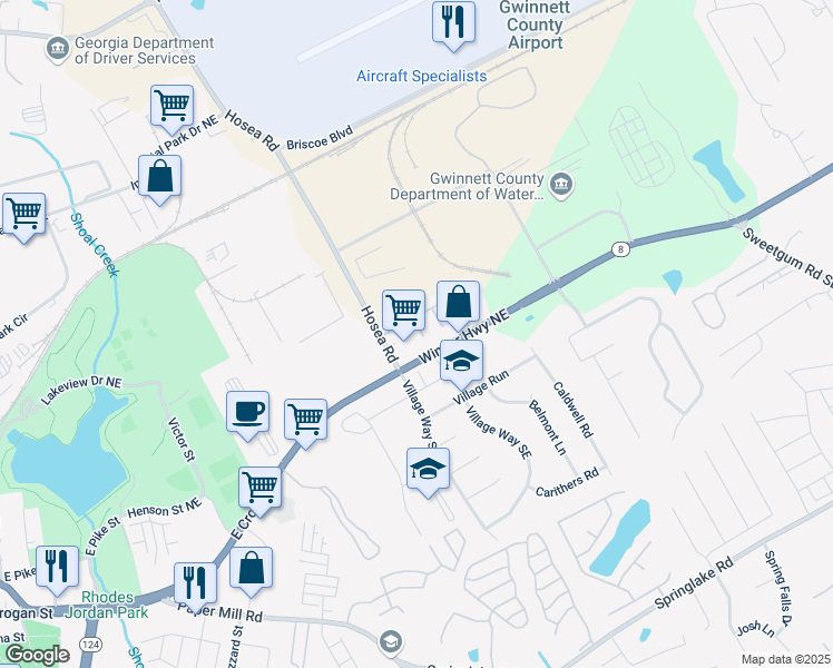 map of restaurants, bars, coffee shops, grocery stores, and more near 112 Timber Mist Lane in Lawrenceville