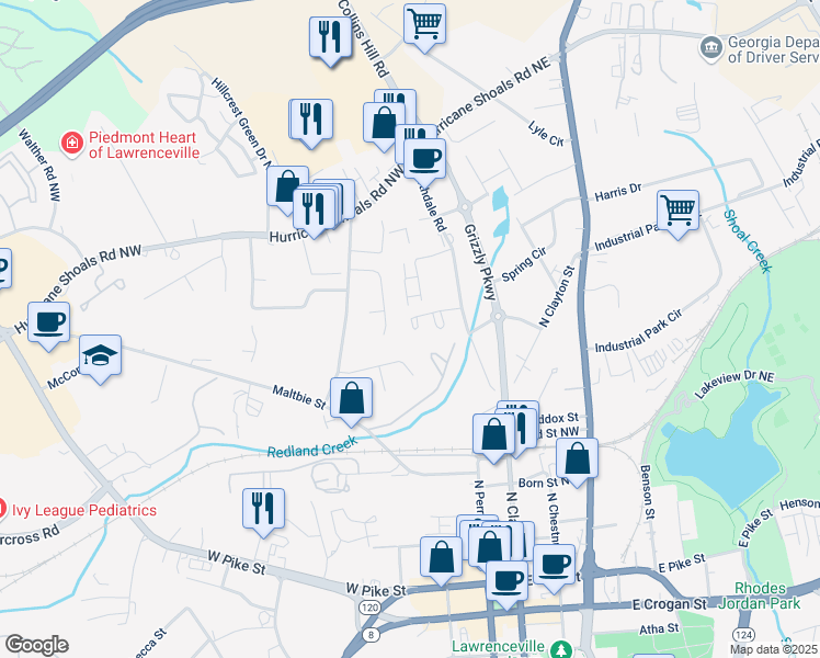 map of restaurants, bars, coffee shops, grocery stores, and more near 191 Northdale Place in Lawrenceville