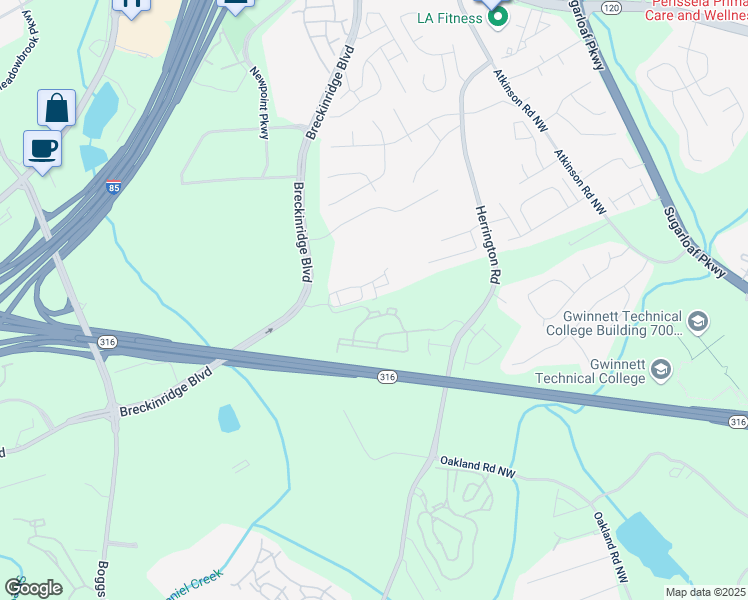 map of restaurants, bars, coffee shops, grocery stores, and more near 1620 Halliard Drive in Lawrenceville