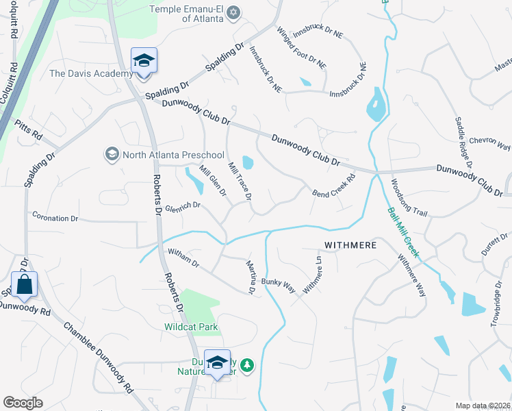 map of restaurants, bars, coffee shops, grocery stores, and more near 5617 Mill Race Court in Dunwoody