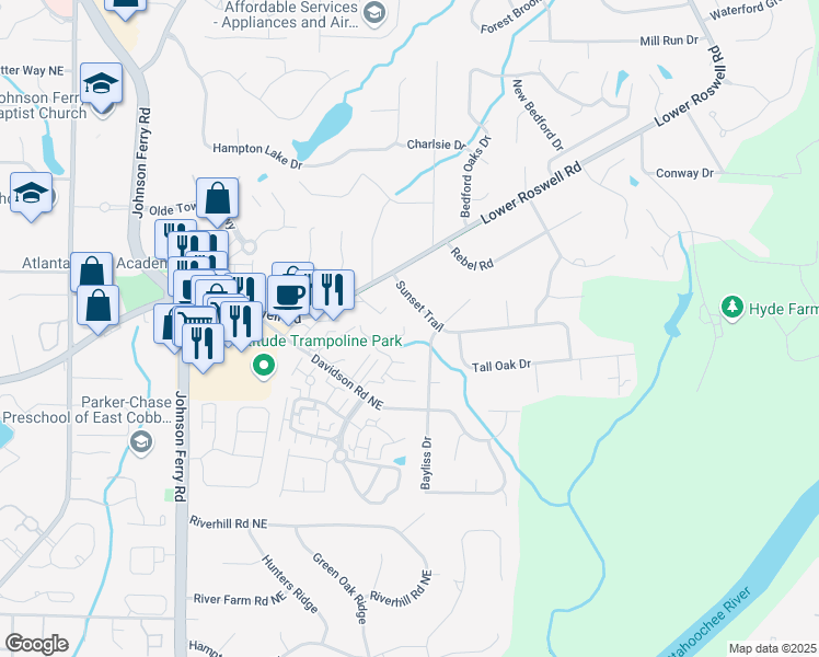 map of restaurants, bars, coffee shops, grocery stores, and more near 2002 Parkaire Crossing in Marietta