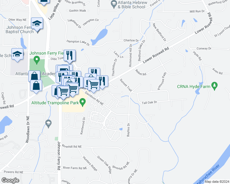 map of restaurants, bars, coffee shops, grocery stores, and more near 2002 Parkaire Crossing in Marietta