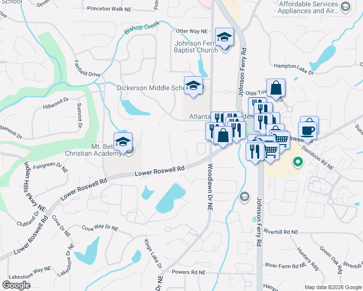 map of restaurants, bars, coffee shops, grocery stores, and more near 4510 Parkcrest Court Northeast in Marietta