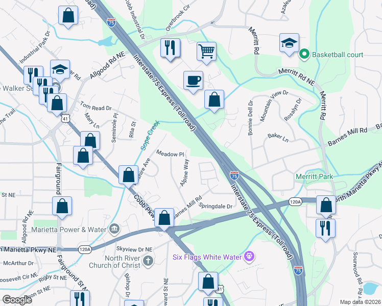map of restaurants, bars, coffee shops, grocery stores, and more near 879 Meadow Place in Marietta