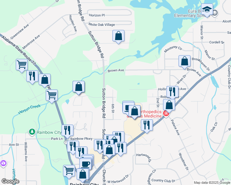 map of restaurants, bars, coffee shops, grocery stores, and more near 303 6th Street in Rainbow City