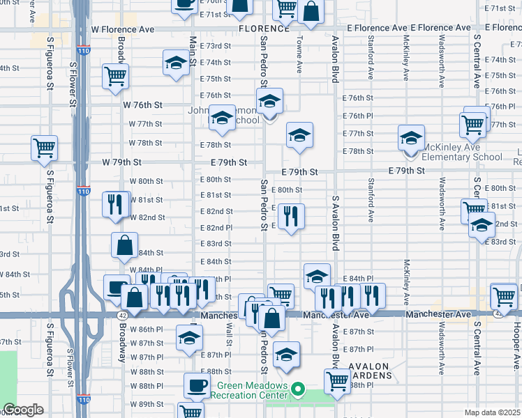 map of restaurants, bars, coffee shops, grocery stores, and more near 8131 San Pedro Street in Los Angeles