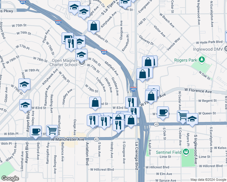 map of restaurants, bars, coffee shops, grocery stores, and more near 7812 Hindry Avenue in Los Angeles