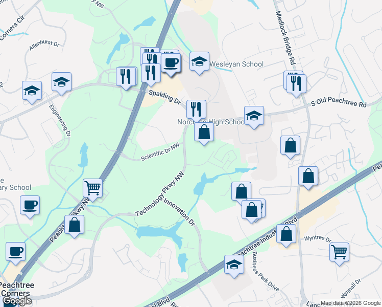 map of restaurants, bars, coffee shops, grocery stores, and more near 130 Technology Parkway in Norcross