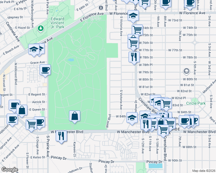 map of restaurants, bars, coffee shops, grocery stores, and more near 8021 West Boulevard in Inglewood