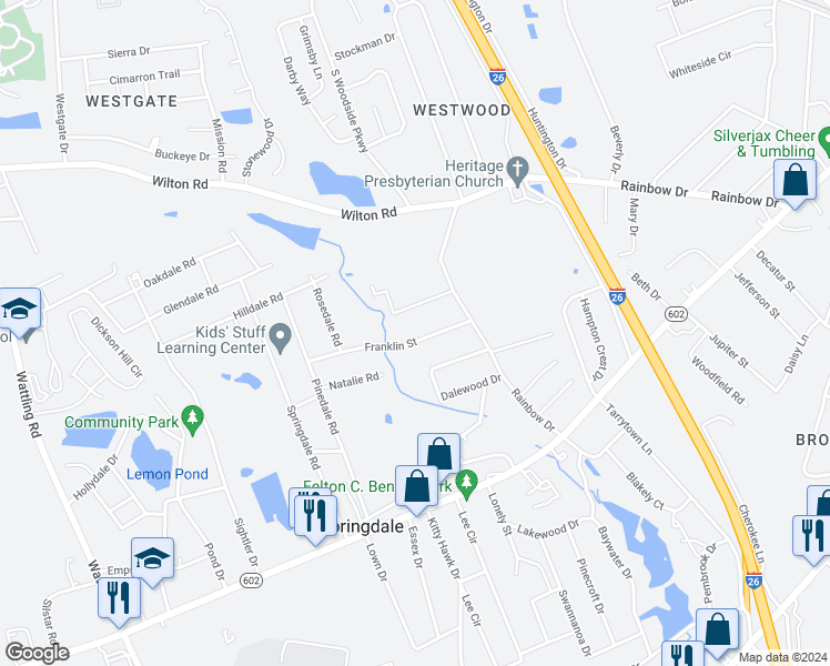 map of restaurants, bars, coffee shops, grocery stores, and more near 2820 Franklin Street in West Columbia
