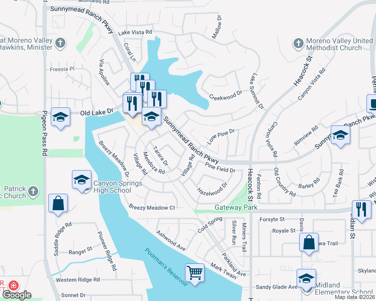 map of restaurants, bars, coffee shops, grocery stores, and more near 10991 Mendoza Road in Moreno Valley