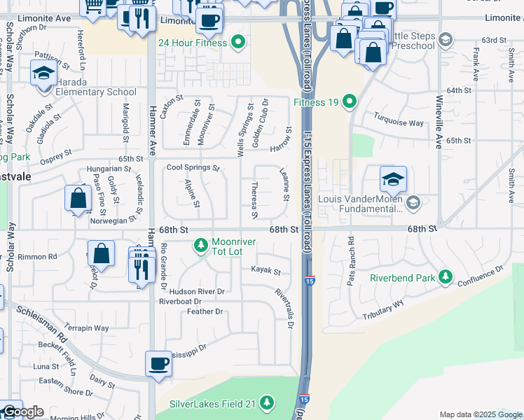 map of restaurants, bars, coffee shops, grocery stores, and more near 12325 Nicole Court in Eastvale