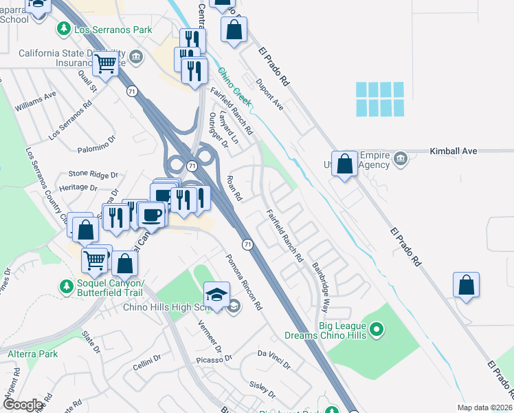 map of restaurants, bars, coffee shops, grocery stores, and more near 5470 Amethyst Lane in Chino Hills