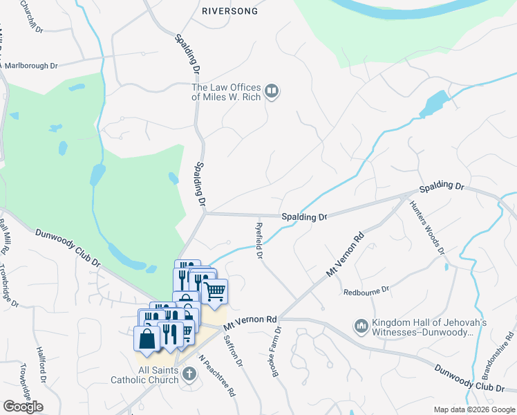 map of restaurants, bars, coffee shops, grocery stores, and more near 3350 Spalding Drive in Atlanta