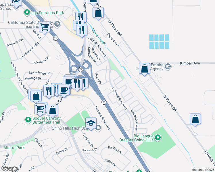 map of restaurants, bars, coffee shops, grocery stores, and more near 5470 Amethyst Lane in Chino Hills