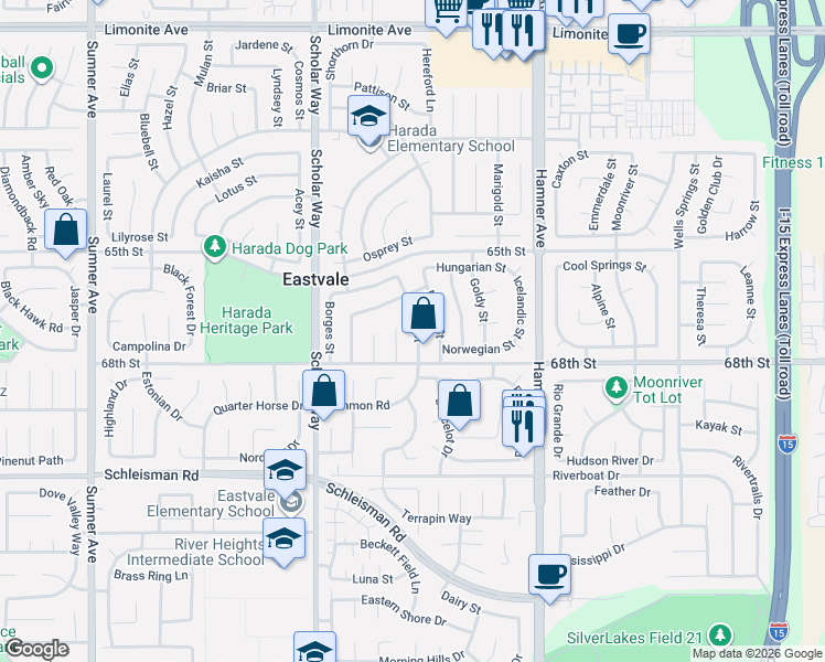 map of restaurants, bars, coffee shops, grocery stores, and more near 6727 Angus Street in Corona