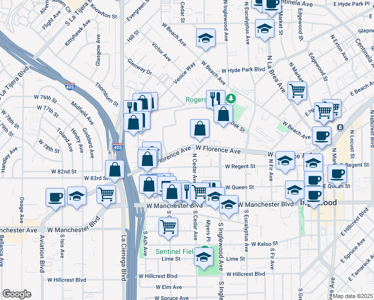 map of restaurants, bars, coffee shops, grocery stores, and more near 516 West Florence Avenue in Inglewood