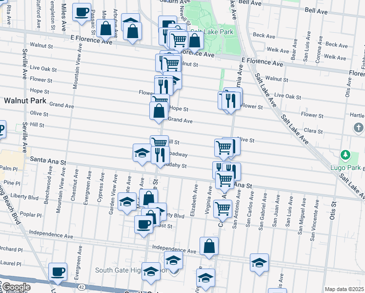 map of restaurants, bars, coffee shops, grocery stores, and more near 3322 Hill Street in Huntington Park