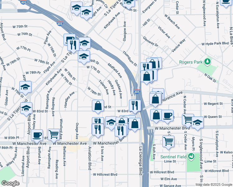 map of restaurants, bars, coffee shops, grocery stores, and more near 7812 Hindry Avenue in Los Angeles