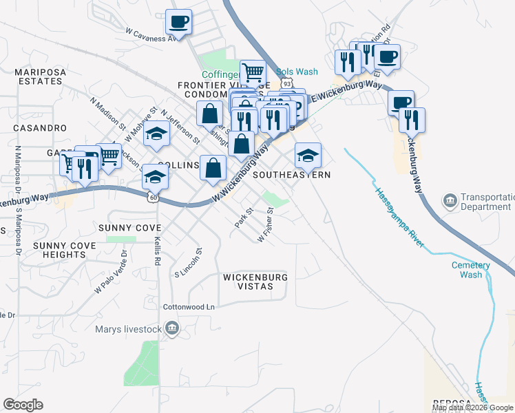 map of restaurants, bars, coffee shops, grocery stores, and more near 150 Park Street in Wickenburg