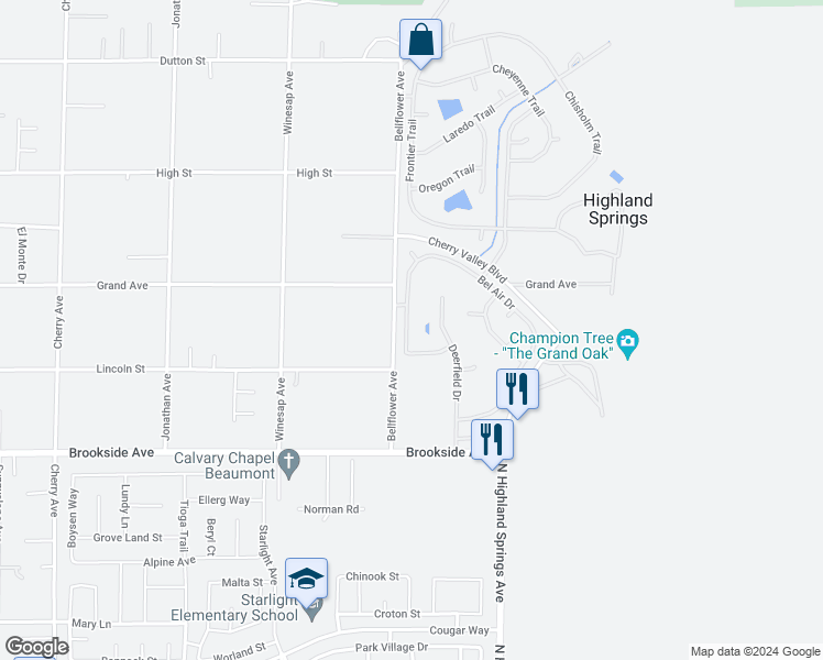 map of restaurants, bars, coffee shops, grocery stores, and more near 10311 Bel Air Drive in Cherry Valley