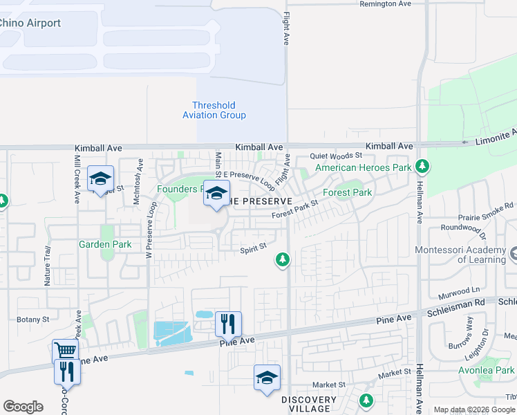 map of restaurants, bars, coffee shops, grocery stores, and more near 8413 Flight Avenue in Chino