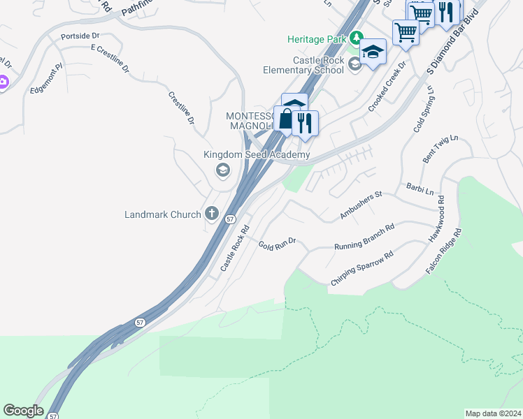 map of restaurants, bars, coffee shops, grocery stores, and more near 3458 Castlerock Road in Diamond Bar