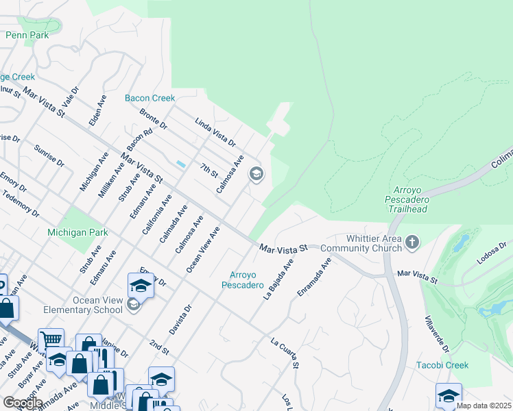 map of restaurants, bars, coffee shops, grocery stores, and more near 8104 Davista Drive in Whittier
