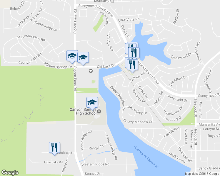 map of restaurants, bars, coffee shops, grocery stores, and more near 10680 Breezy Meadow Drive in Moreno Valley