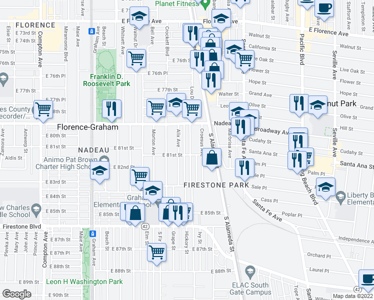 map of restaurants, bars, coffee shops, grocery stores, and more near 8031 1/2 Lou Dillon Avenue in Los Angeles