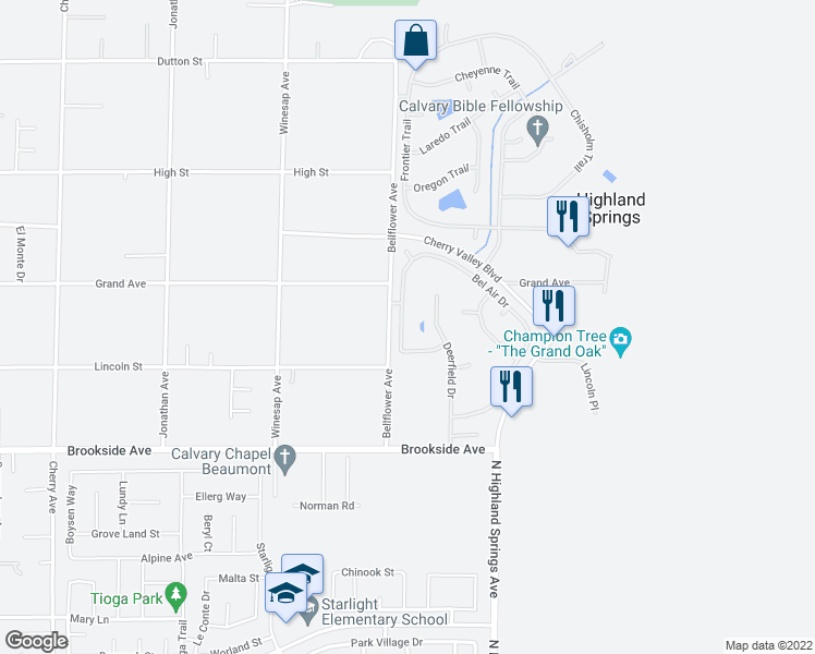 map of restaurants, bars, coffee shops, grocery stores, and more near 10311 Bel Air Drive in Cherry Valley