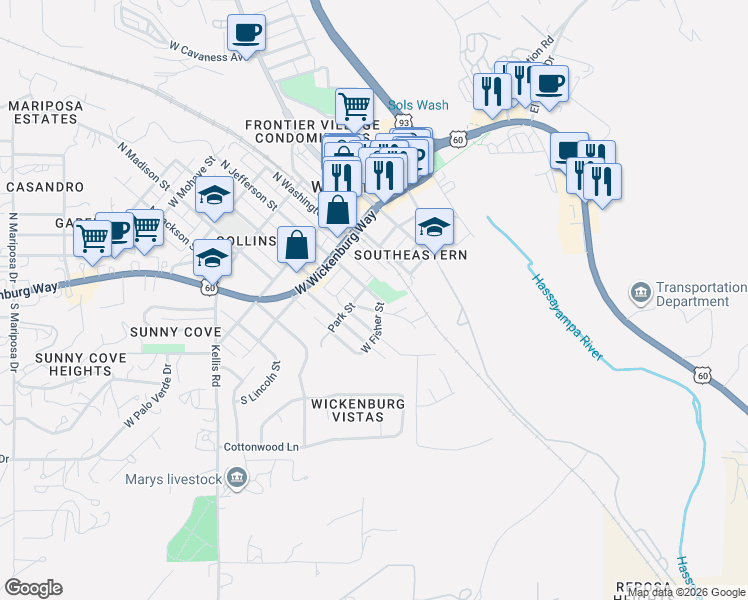map of restaurants, bars, coffee shops, grocery stores, and more near 225 South Washington Street in Wickenburg