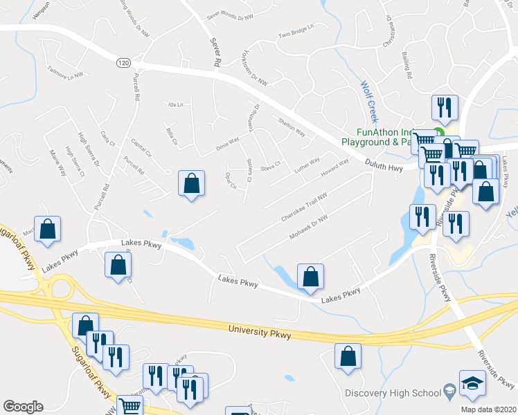 map of restaurants, bars, coffee shops, grocery stores, and more near 1501 Howard Way in Lawrenceville