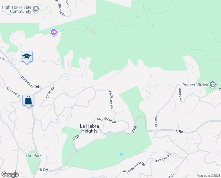 map of restaurants, bars, coffee shops, grocery stores, and more near 2182 Ahuacate Road in La Habra Heights