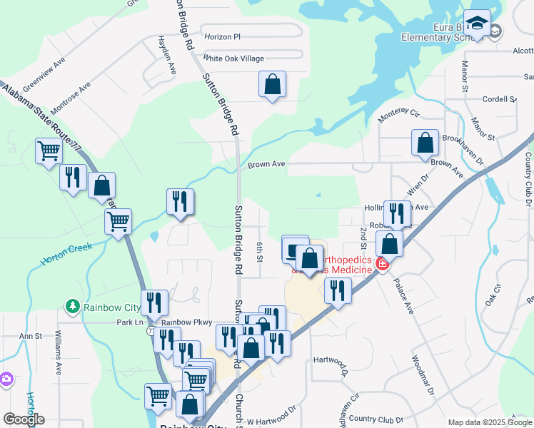 map of restaurants, bars, coffee shops, grocery stores, and more near 303 6th Street in Rainbow City