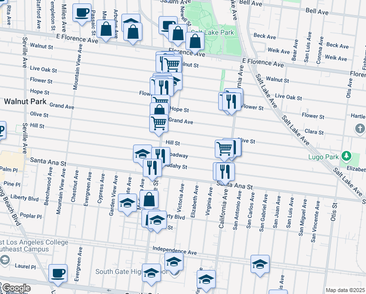 map of restaurants, bars, coffee shops, grocery stores, and more near 3322 Hill Street in Huntington Park
