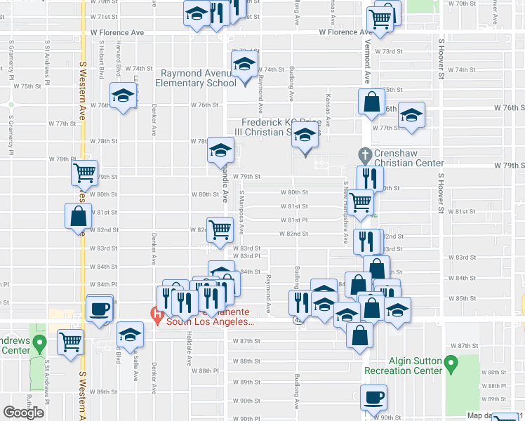 map of restaurants, bars, coffee shops, grocery stores, and more near 1247 West 81st Street in Los Angeles