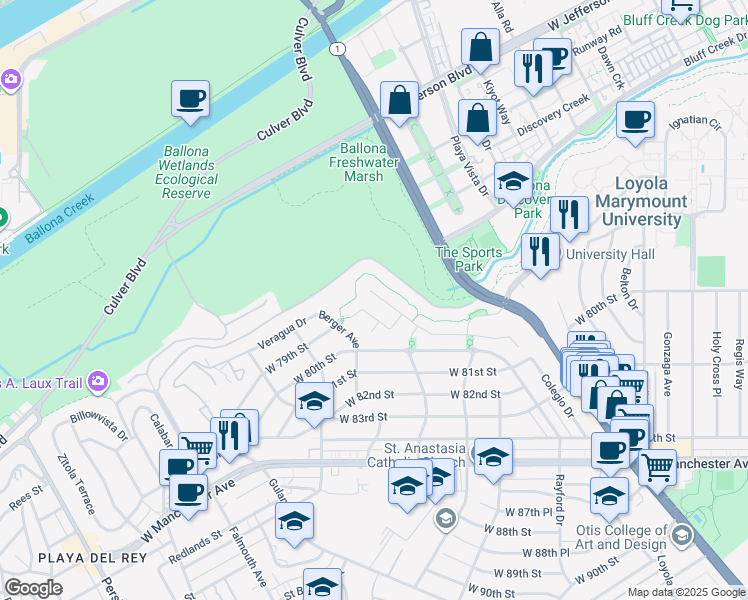 map of restaurants, bars, coffee shops, grocery stores, and more near 7578 West Coastal View Drive in Los Angeles