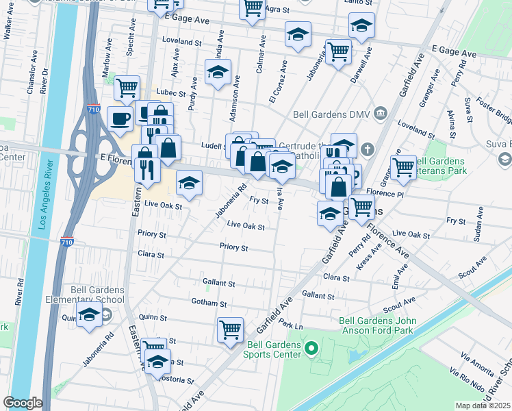 map of restaurants, bars, coffee shops, grocery stores, and more near 6034 Fry Street in Bell Gardens